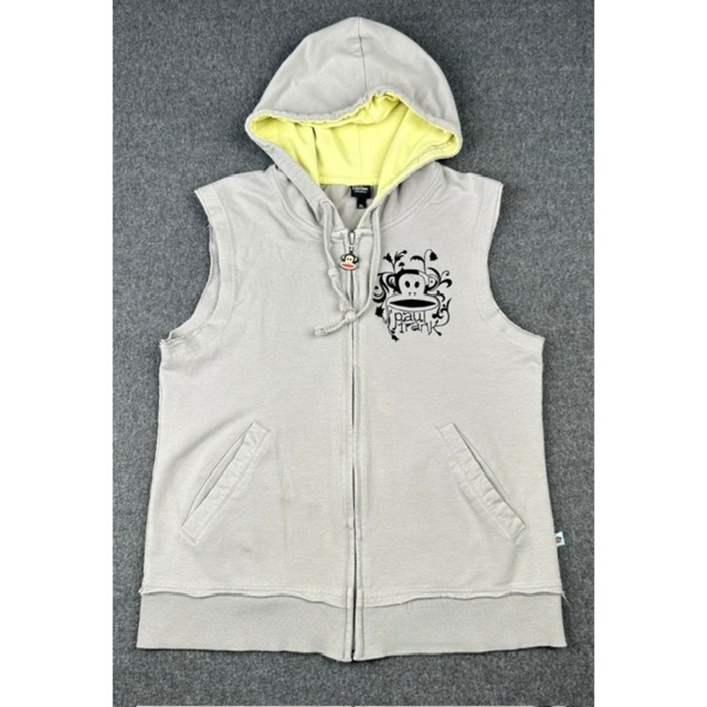 Paul Frank Industries Sleeveless Hoodie Vest Gray Yellow Julius Monkey XL